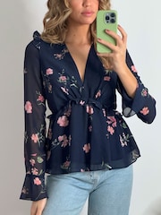 Style Cheat Blue Edith Frill Tie Back Blouse - Image 3 of 4