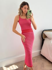 Style Cheat Red Penny Crochet Knit Beach Stripe Midi Skirt - Image 1 of 4