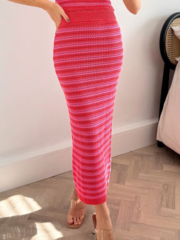Style Cheat Red Penny Crochet Knit Beach Stripe Midi Skirt - Image 4 of 4