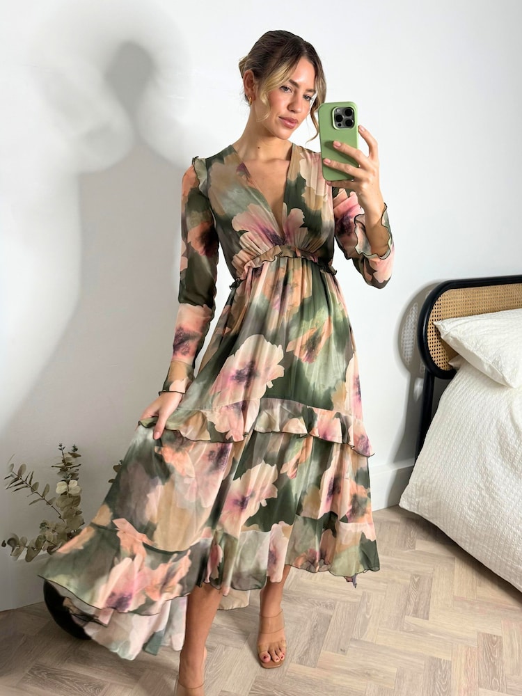 Green & Blush с цветочным принтом - Платье с оборками и завязкой сзади Style Cheat Birdie - Изображение 1 из 5