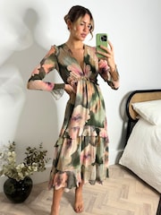 Green & Blush с цветочным принтом - Платье с оборками и завязкой сзади Style Cheat Birdie - Изображение 3 из 5