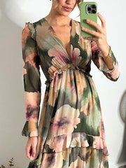 Green & Blush с цветочным принтом - Платье с оборками и завязкой сзади Style Cheat Birdie - Изображение 4 из 5