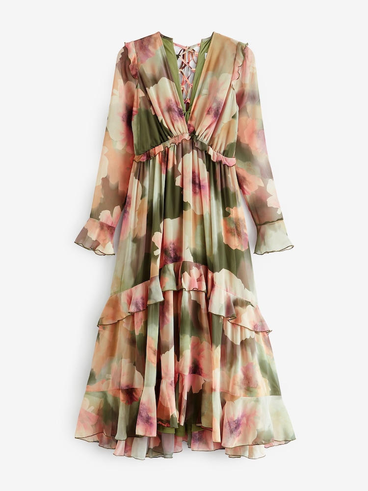 Grün und hellrot geblümt - Style Cheat Birdie Kleid mit Rüschenbesatz und Bindedetail hinten - Bild 5 von 5 Grün und hellrot geblümt - Style Cheat Birdie Kleid mit Rüschenbesatz und Bindedetail hinten - Bild 5 von 5