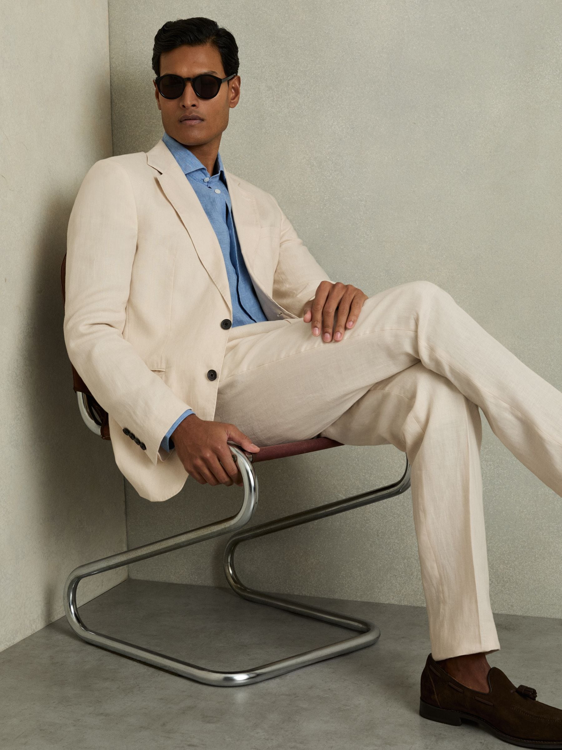 Reiss Stone Kin Single-Breasted Linen Suit Blazer Slim Fit