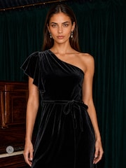 Yumi Black Velvet One Shoulder Midi Dress - Image 2 of 5