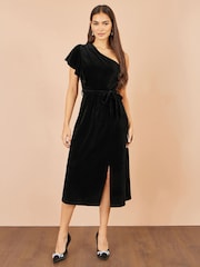 Yumi Black Velvet One Shoulder Midi Dress - Image 4 of 5