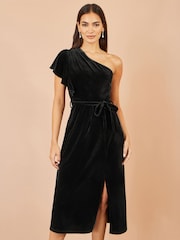 Yumi Black Velvet One Shoulder Midi Dress - Image 5 of 5