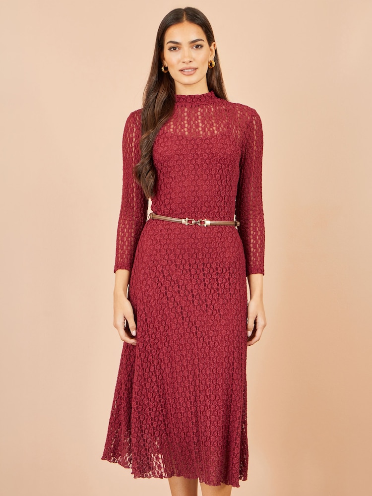 Yumi Red High Neck Lace Midi Dress - Image 1 of 5