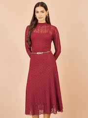 Yumi Red High Neck Lace Midi Dress - Image 2 of 5