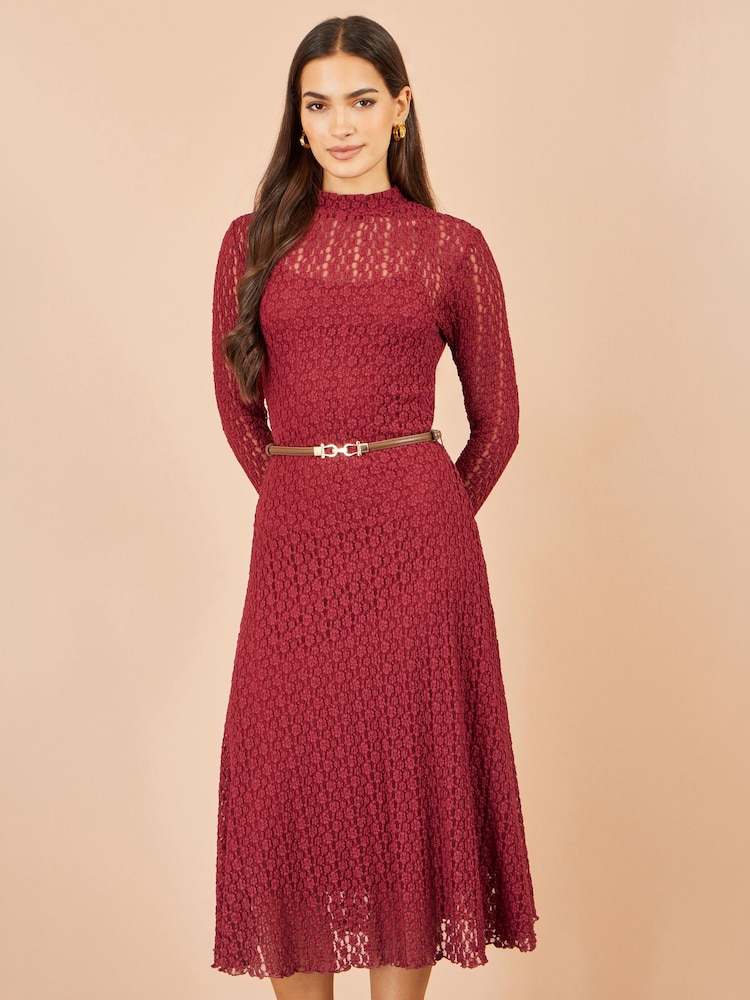 Yumi Red High Neck Lace Midi Dress - Image 2 of 5