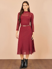 Yumi Red High Neck Lace Midi Dress - Image 3 of 5