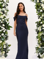 Style Cheat Navy Cowl Neck Maxi Satin Bridesmaid Dress - Image 1 of 4