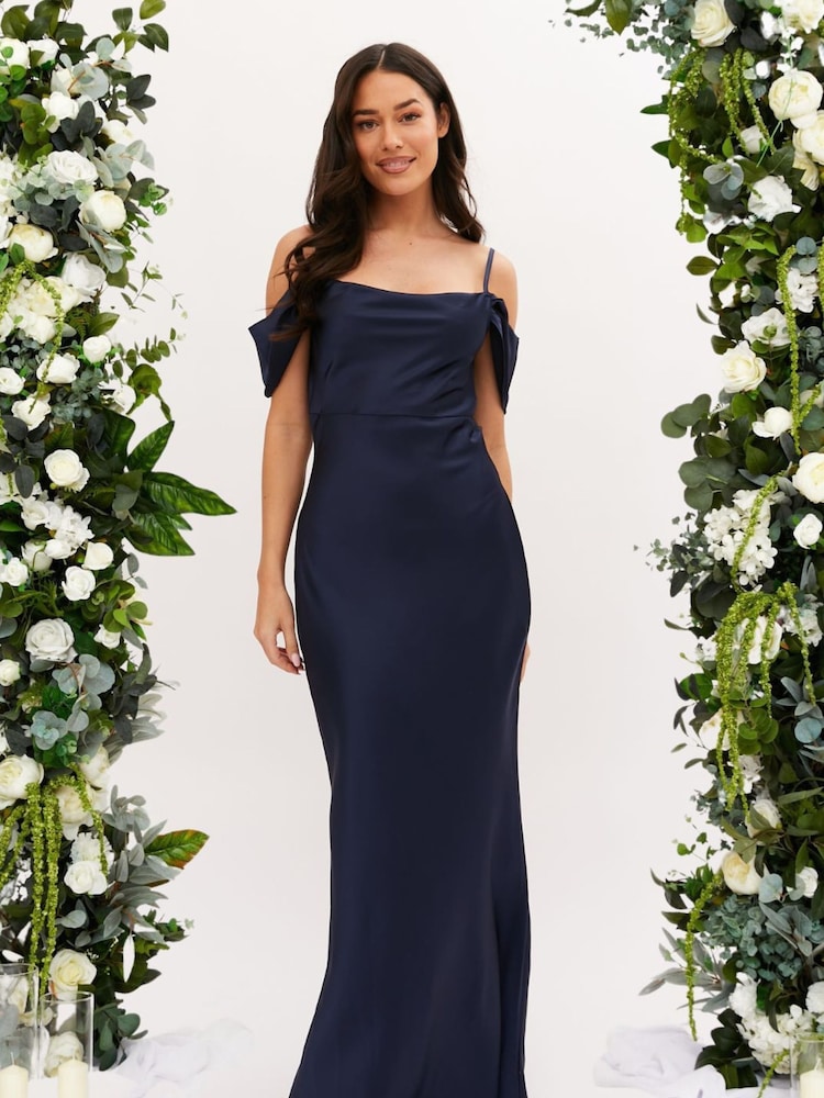 Style Cheat Navy Cowl Neck Maxi Satin Bridesmaid Dress - Image 1 of 4