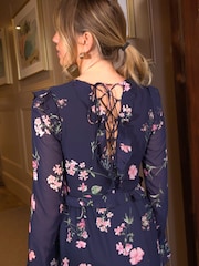 Style Cheat Blue Birdie Frill Tie Back Dress - Image 5 of 5
