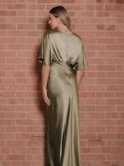 Style Cheat Green Angel Sleeve Maxi Satin Dress - Image 3 of 4