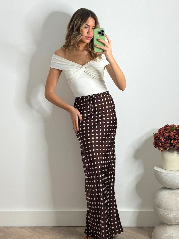 Style Cheat Brown Sylvia Drawstring Satin Slip Midaxi Skirt - Image 1 of 4