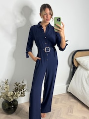 Style Cheat Blue Harriet Belted Shirt Jumpsuit - Image 1 of 4