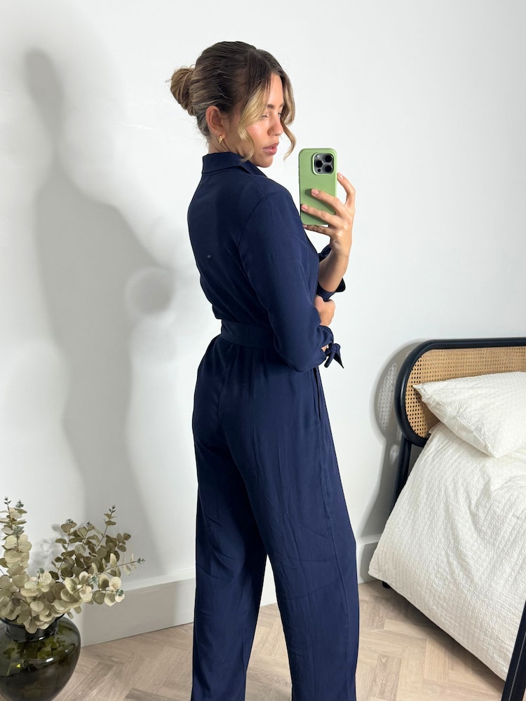 Style Cheat Blue Harriet Belted Shirt Jumpsuit - Image 2 of 4