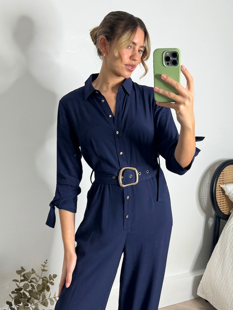 Style Cheat Blue Harriet Belted Shirt Jumpsuit - Image 4 of 4