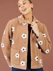 Yumi Brown Embroiderd Daisy Fleece Jacket - Image 1 of 4