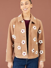 Yumi Brown Embroiderd Daisy Fleece Jacket - Image 2 of 4