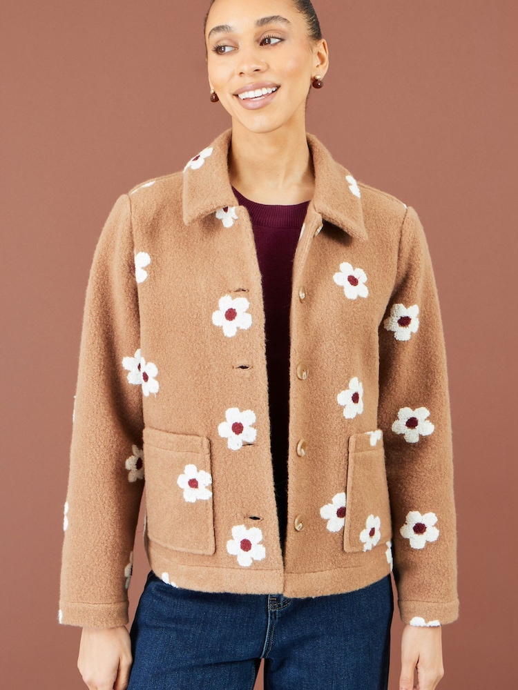 Yumi Brown Embroiderd Daisy Fleece Jacket - Image 2 of 4
