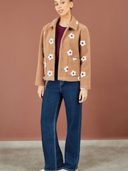 Yumi Brown Embroiderd Daisy Fleece Jacket - Image 3 of 4