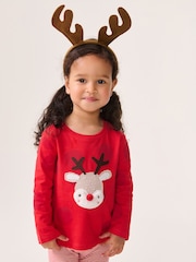 Red Applique Christmas Reindeer 100% Cotton Long Sleeve T-Shirt (3mths-7yrs) - Image 1 of 1