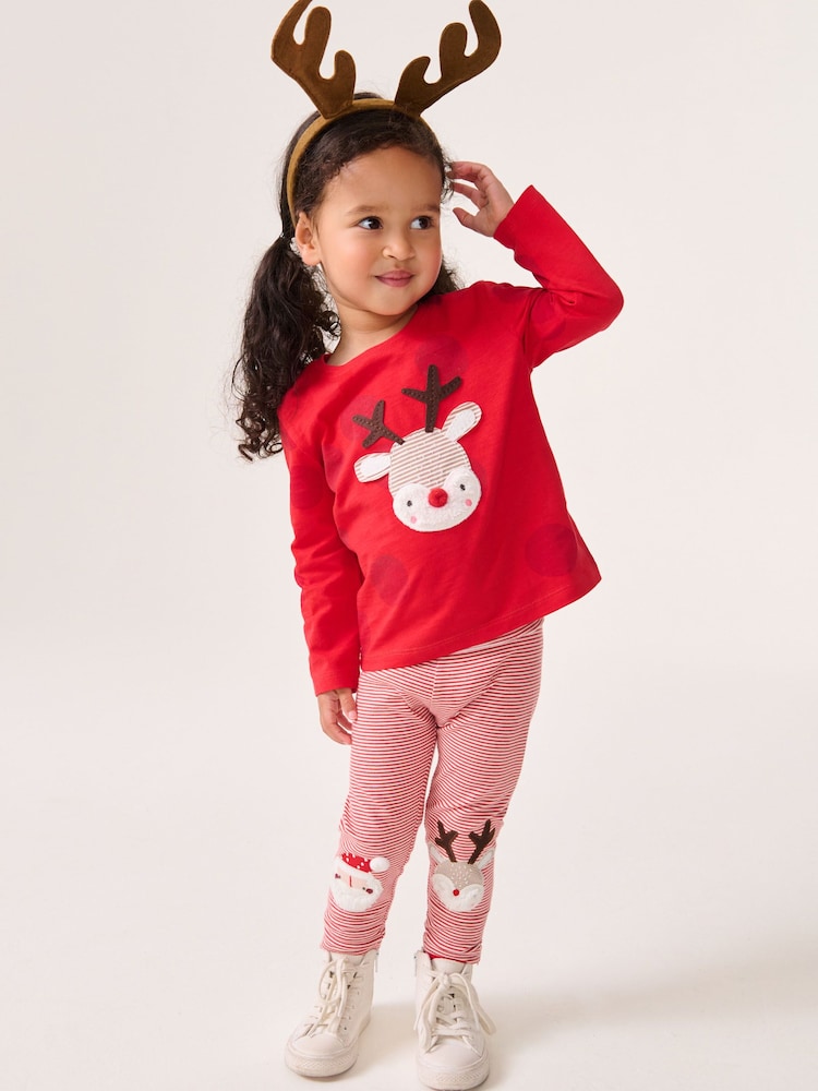 Red Applique Christmas Reindeer 100% Cotton Long Sleeve T-Shirt (3mths-7yrs) - Image 2 of 7