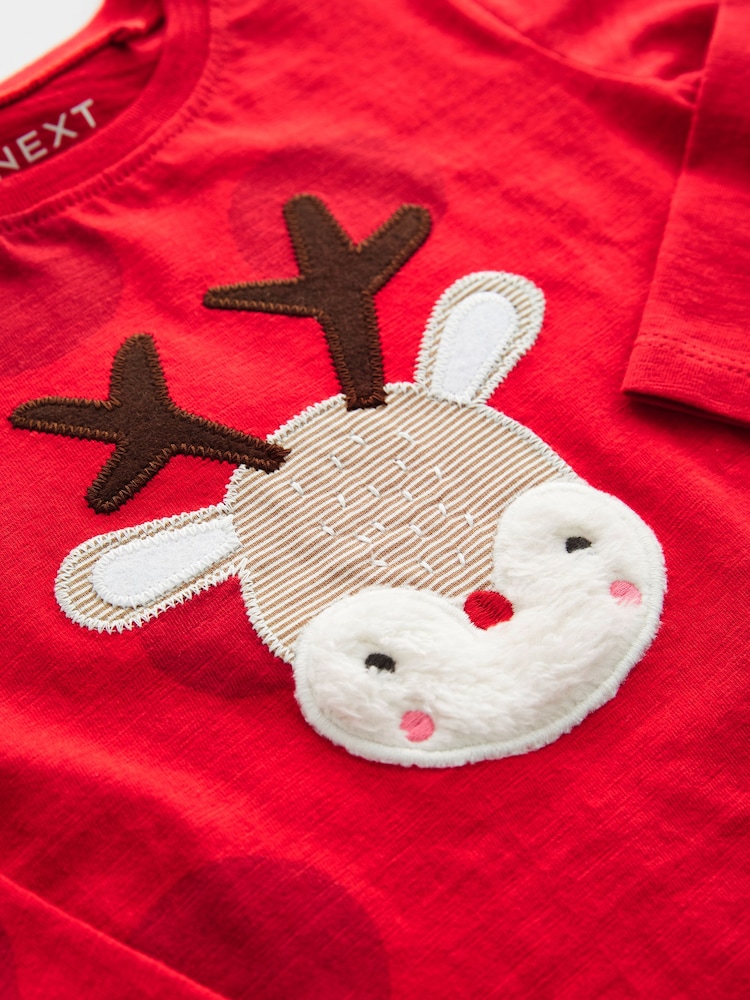 Red Applique Christmas Reindeer 100% Cotton Long Sleeve T-Shirt (3mths-7yrs) - Image 7 of 7