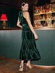 Yumi Green Velvet Halter Midi Dress With Belt - Image 5 of 5