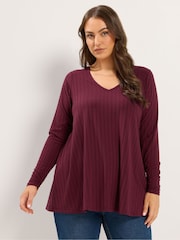 Yours Curve Red Plunge Neck Ribbed Swing T-Shirt - Image 1 of 6