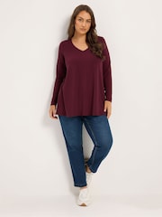 Yours Curve Red Plunge Neck Ribbed Swing T-Shirt - Image 2 of 6