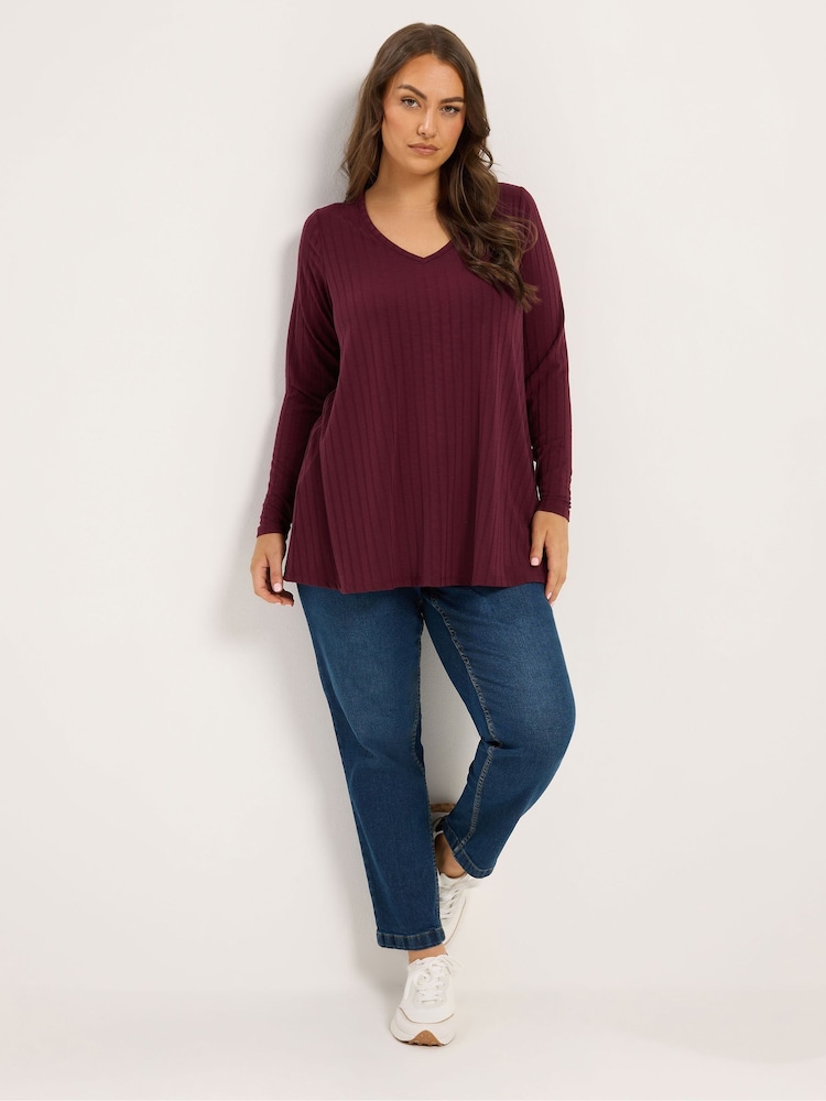 Yours Curve Red Plunge Neck Ribbed Swing T-Shirt - Image 2 of 6 Yours Curve Red Plunge Neck Ribbed Swing T-Shirt - Image 2 of 6
