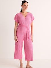 Pink Plisse Short Sleeve V-Neck Culotte Belted Jumpsuit - Image 1 of 6