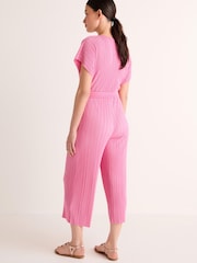 Pink Plisse Short Sleeve V-Neck Culotte Belted Jumpsuit - Image 2 of 6