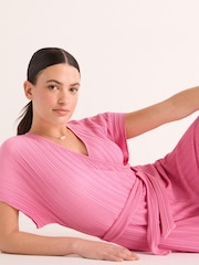Pink Plisse Short Sleeve V-Neck Culotte Belted Jumpsuit - Image 3 of 6