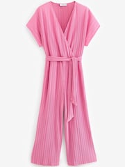 Pink Plisse Short Sleeve V-Neck Culotte Belted Jumpsuit - Image 5 of 6