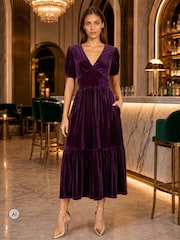 Yumi Purple Velvet Midi Dress - Image 1 of 4