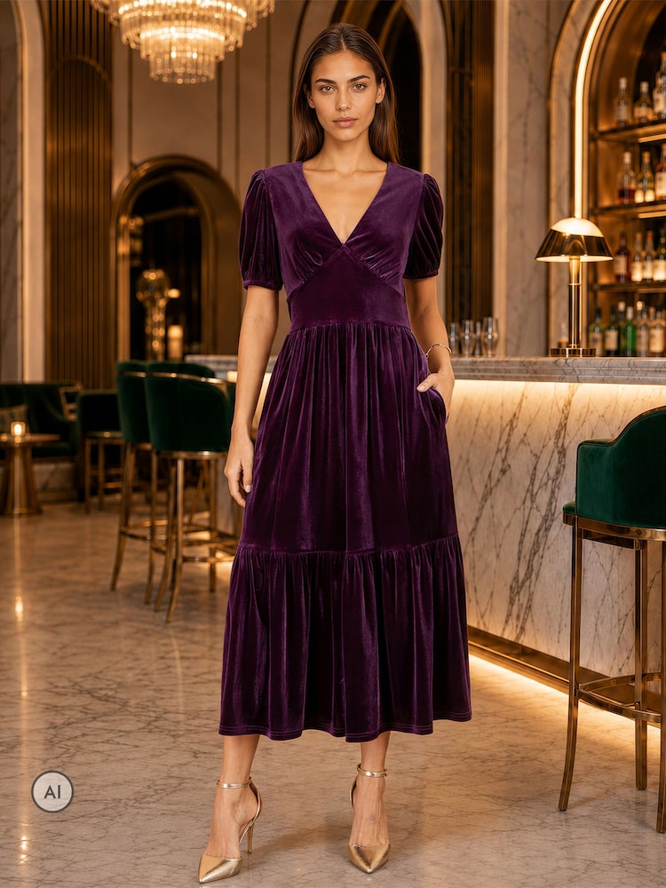 Yumi Purple Velvet Midi Dress - Image 1 of 4 Yumi Purple Velvet Midi Dress - Image 1 of 4