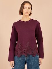 Yumi Red Relaxed Jumper With Lace Trim - Image 1 of 5