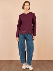 Yumi Red Relaxed Jumper With Lace Trim - Image 2 of 5