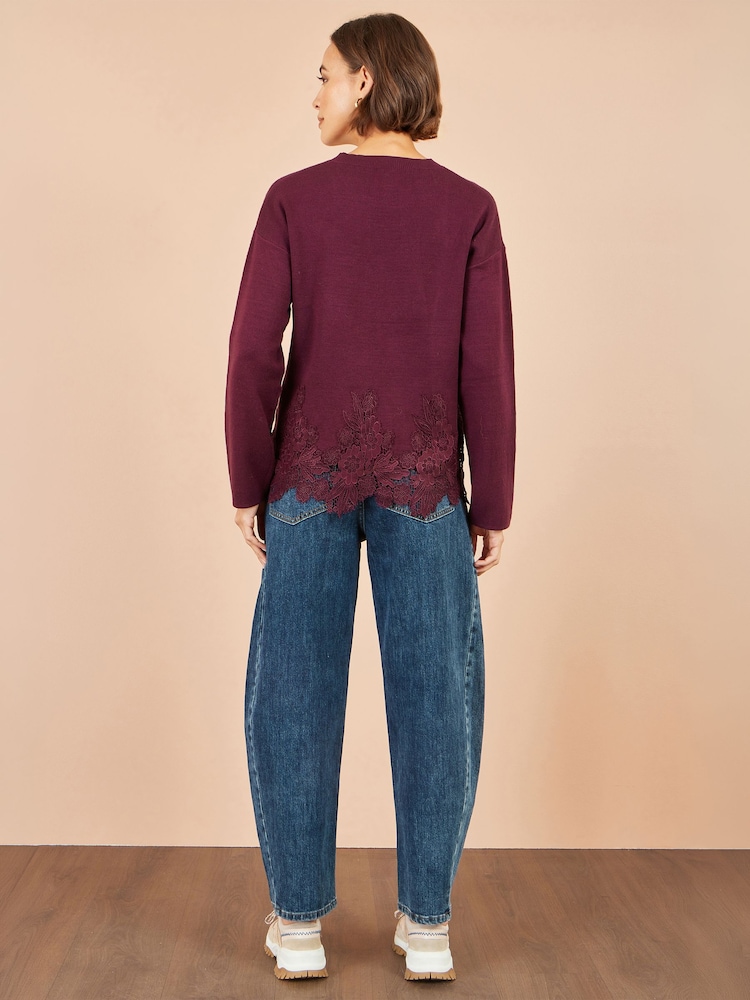Yumi Red Relaxed Jumper With Lace Trim - Image 5 of 5