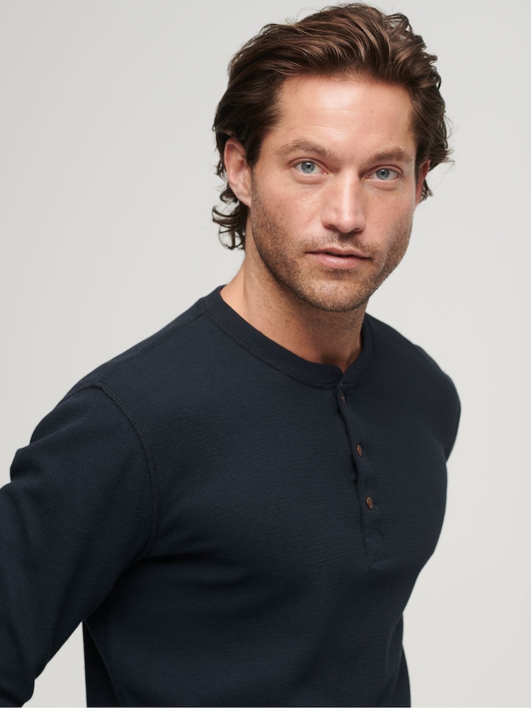 Niebieski - Superdry 100% Cotton Waffle Long Sleeve Henley Top - Image 3 of 5