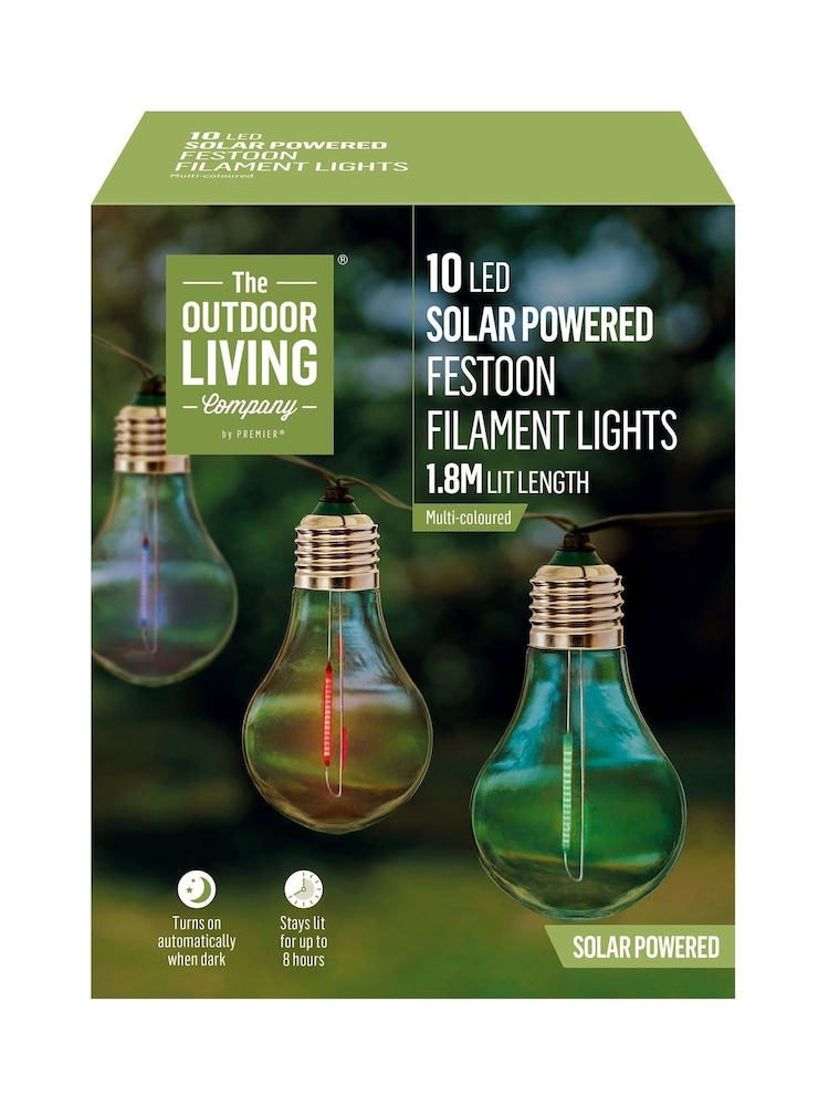 Premier Decorations Ltd Garden 10 Solar Multi Colour Filament Bulb String Lights - Image 1 of 3
