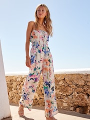 White Bright Floral Multiway Halter-Tie Bandeau Wide Leg Jumpsuit - Image 2 of 7