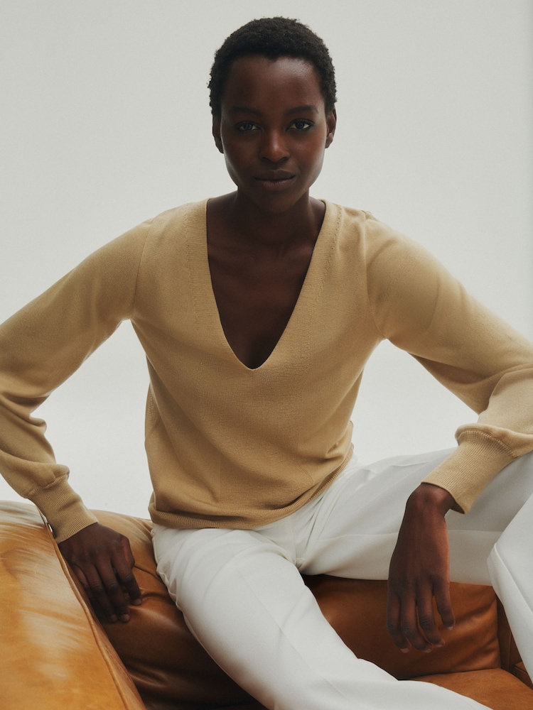 Champagne Gold Premium Lyocell Deep V-Neck Jumper - Image 1 of 8