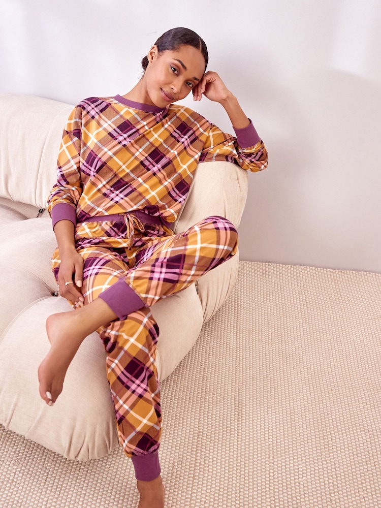 Ochre Yellow Check Cosy Long Sleeve Crew Neck Pyjamas - Image 1 of 9