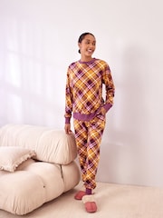 Ochre Yellow Check Cosy Long Sleeve Crew Neck Pyjamas - Image 3 of 9