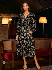Yumi Black Foil Print Midi Dress - Image 1 of 5